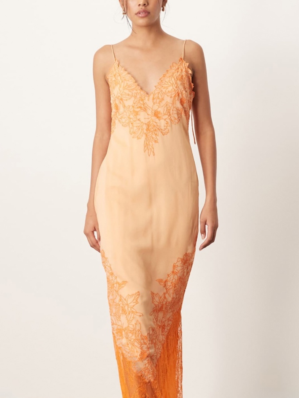 Asos ARRANGE appliqué embroidered lace paneled cami maxi dress in peach